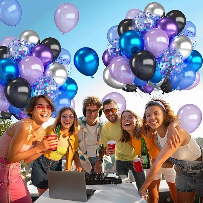 Outer Space Balloons, 12 Inch Metallic Black Purple Blue and Silver Confetti - Image 8