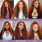 250 density Ginger Deep Wave Lace Front Wigs Human Hair Pre Plucked Hairline Glueless Wigs for Women 13x6 HD Lace Front Wigs Ginger Orange Curly Human Hair Wig Brazilian Hair 26 Inch
