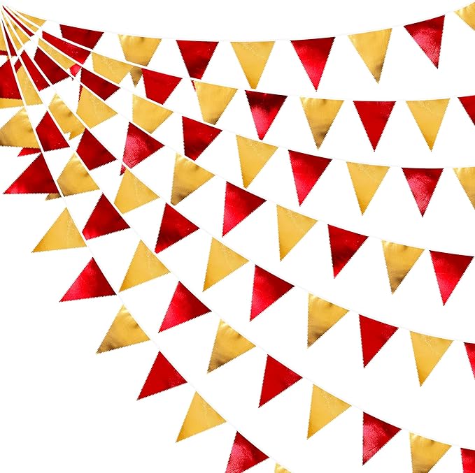 Red Gold Party Decorations Metallic Fabric Triangle Pennant Banner Flag Bunting by pinkblume