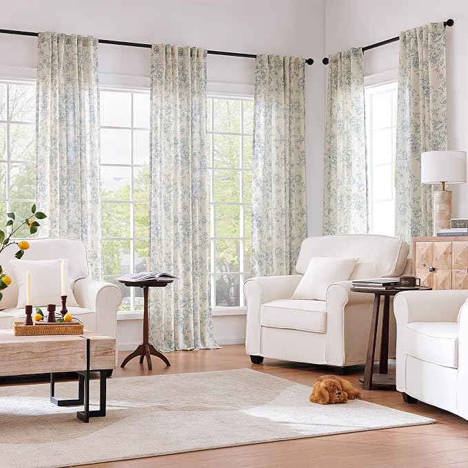 jinchan Blue Floral Linen Curtains 96 Inch Farmhouse Back Tab 2 Panels | Light - Image 2