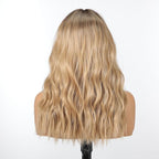 Blonde Wig with Bangs,Ombre Blonde Wavy Wigs for Women,Shoulder Length Curly Synthetic Hair Wig for Party Daily Use 18IN