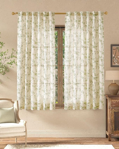 jinchan Green Floral Linen Curtains 63 Inch Farmhouse Back Tab 2 Panels | by JINCHAN