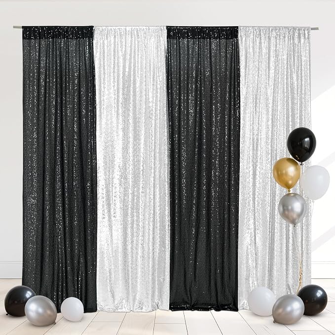 Eternal Beauty Black & Silver Sequin Backdrop Curtains, 4 Panels 2x8FT | 3mm by EternalBeauty