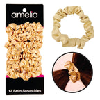 Amelia Beauty, Tan Satin Small Scrunchies, 12-Pack – No Damage Hair Ties for Women, Gentle & Durable Hair Accessories, 2.5in x 0.5in