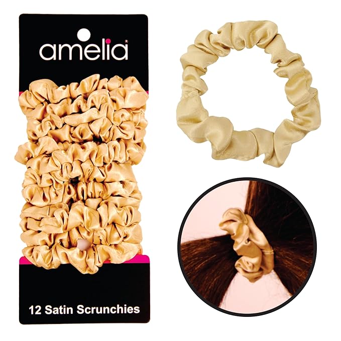 Amelia Beauty, Tan Satin Small Scrunchies, 12-Pack – No Damage Hair Ties for Women, Gentle & Durable Hair Accessories, 2.5in x 0.5in