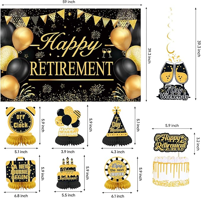 Retirement Party Decorations for Men Women Black Gold Happy Retirement Banner - Image 3