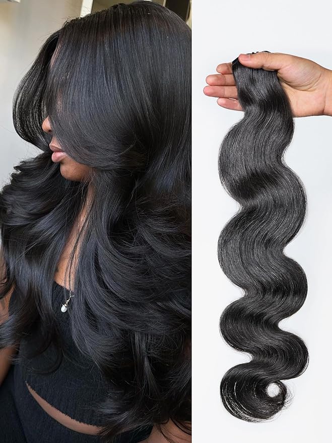 LUVME Body Wave Seamless 110g 7Pcs Clip in Hair Extensions Full Max with 16inch Remy Human Hair Extensions, Natural Black 100% Real Soft Hair