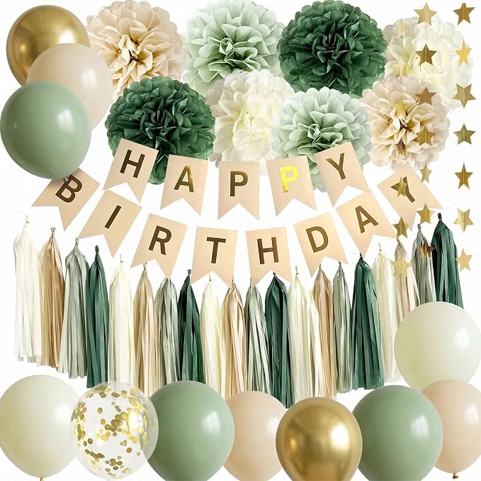 ANSOMO Sage Green Happy Birthday Party Decorations Retro Green Nude Ivory Dark by ANSOMO