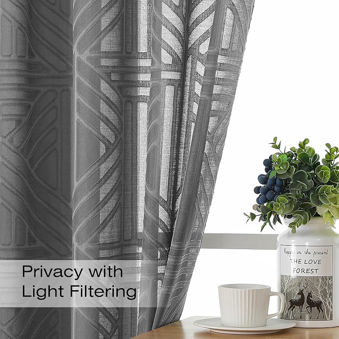 Simplebrand Grey Semi Sheer Curtains 45 Inch Length 2 Panels, Geometric - Image 2