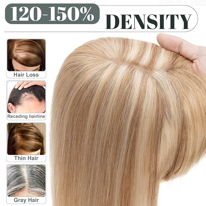SEGO Hair Toppers for Women Real Human Hair with Thinning Hair, Toppers Hair Clip in Toppers with Front Bangs 150% Density Silk Base -6 Inch #12/613 Golden Brown Mix Bleach Blonde
