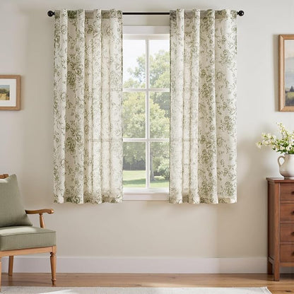 jinchan Green Floral Linen Curtains 63 Inch Farmhouse Back Tab 2 Panels | Light by JINCHAN