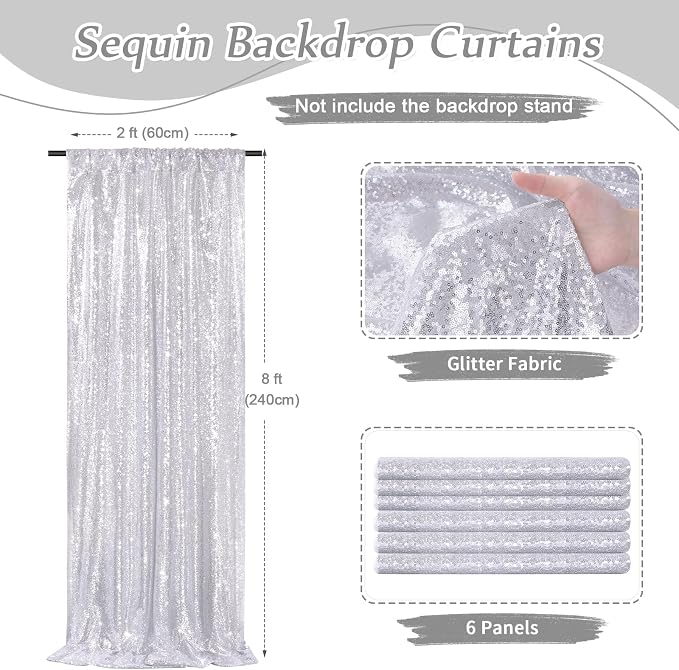 Silver Sequin Backdrop Curtains-6 Panels 2FTx8FT Silver Backdrop - Image 3