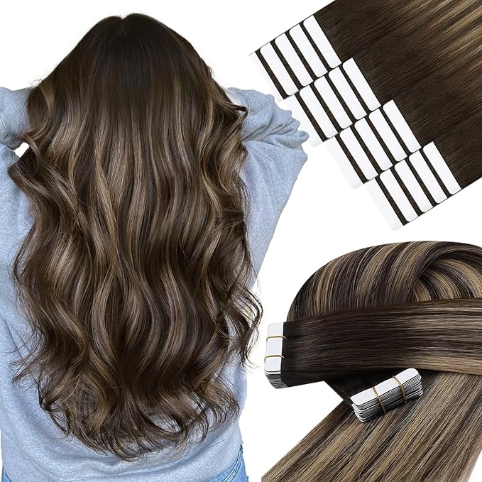 YoungSee Tape in Hair Extensions Human Hair Balayage Tape in Hair Extensions Human Hair Ombre Dark Brown to Blonde Tapes ins Human Hair Extension 12In Tape-on Hair Extension for Short Hair 20pcs 30g