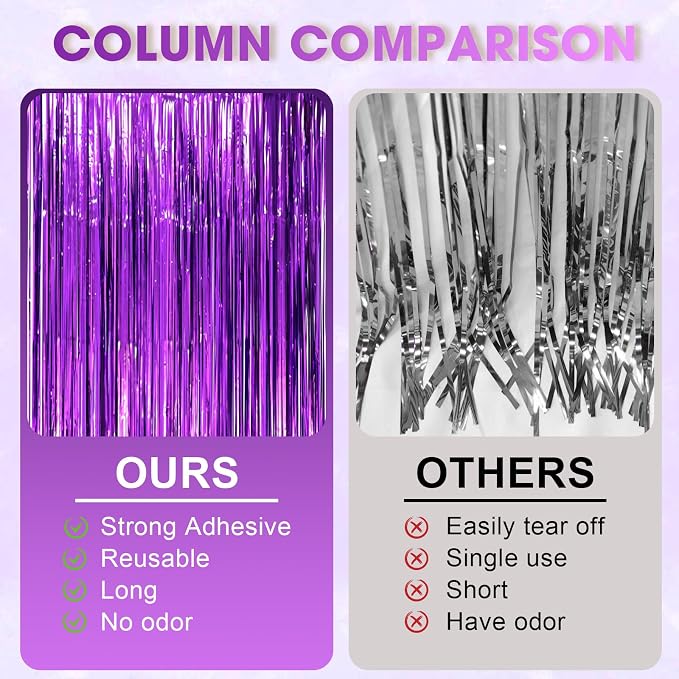 Voircoloria Purple Foil Fringe Backdrop Curtains, 2 Pack | Tinsel Streamers - Image 3