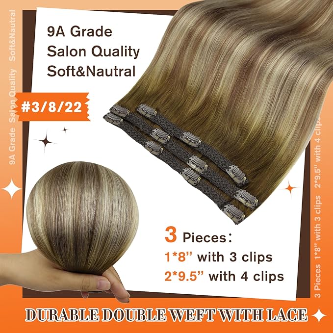 Full Shine Clip in Hair Extensions Ombre Dark Brown Roots Brown Mix Blonde Hair Extension Real Human Hair 20 Inch Hair Extensions Clip ins for Women Straight Natural Hair 3 PCS 60 G