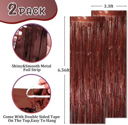 Voircoloria Brown Foil Fringe Backdrop Curtains, 2 Pack | Tinsel Streamers - Image 2