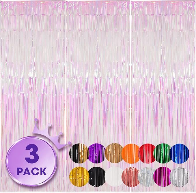 Voircoloria 3 Pack 3.3x8.2 Feet Iridescent Transparent Foil Fringe Backdrop by Voircoloria