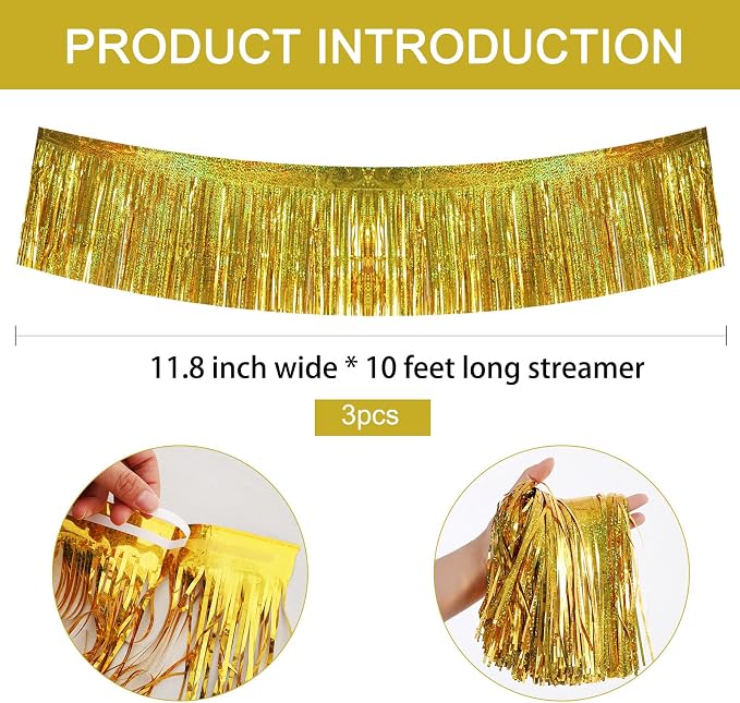 BEISHIDA Laser Gold Fringe Garland Banner 30ft Wall Tinsel Foil Streamers | - Image 2