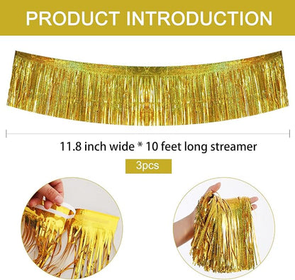 BEISHIDA Laser Gold Fringe Garland Banner 30ft Wall Tinsel Foil Streamers | - Image 2