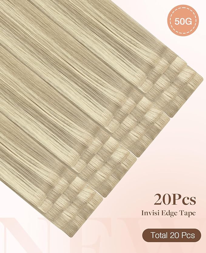 GOO GOO Invisi Edge Tape in Hair Extensions Human Hair, 17A/60A Ash Blonde Highlighted Platinum Blonde, 20pcs 16inch 50g, Virgin Remy Hair, Seamless Injected Tape, Natural Look