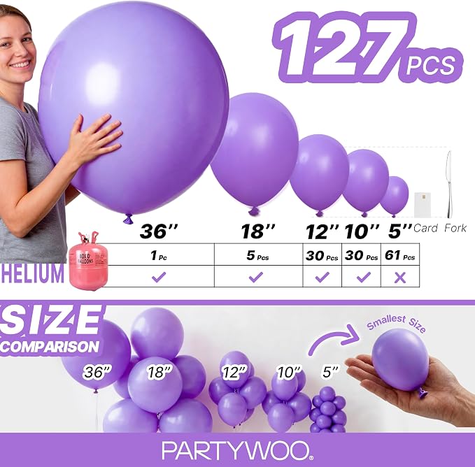 PartyWoo Purple Balloons 127pcs Different Sizes of 36 18 12 10 5 Inch Purple - Image 6