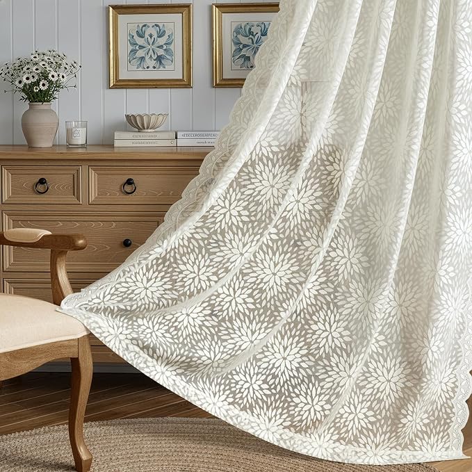 MIULEE Vintage Floral Scalloped Lace Curtains 2 Panels, Ivory 52" W x 63" L | - Image 3