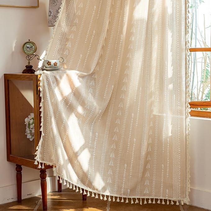Boho Curtains - Farmhouse Sping Linen Blend Patterned Light Filtering Khaki - Image 4