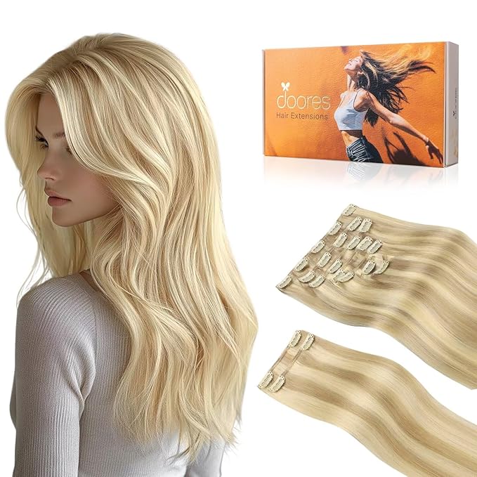 DOORES Clip in Human Hair Extensions, Dirty Blonde Highlight Golden Blonde 150g 9pcs 16 Inch, Remy Hair Extensions Clip in Natural Human Hair Extensions Thick Straight Hair