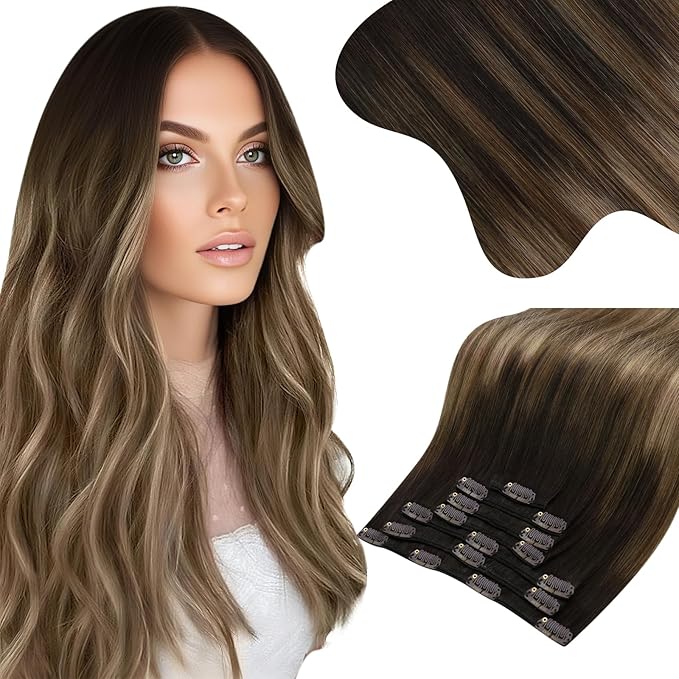 Moresoo Clip in Hair Extensions Balayage Dark Brown to Dark Ash Blonde with Dark Blonde Ombre Double Weft Real Human Hair Extensions Clip ins 7pcs/135g 18inch