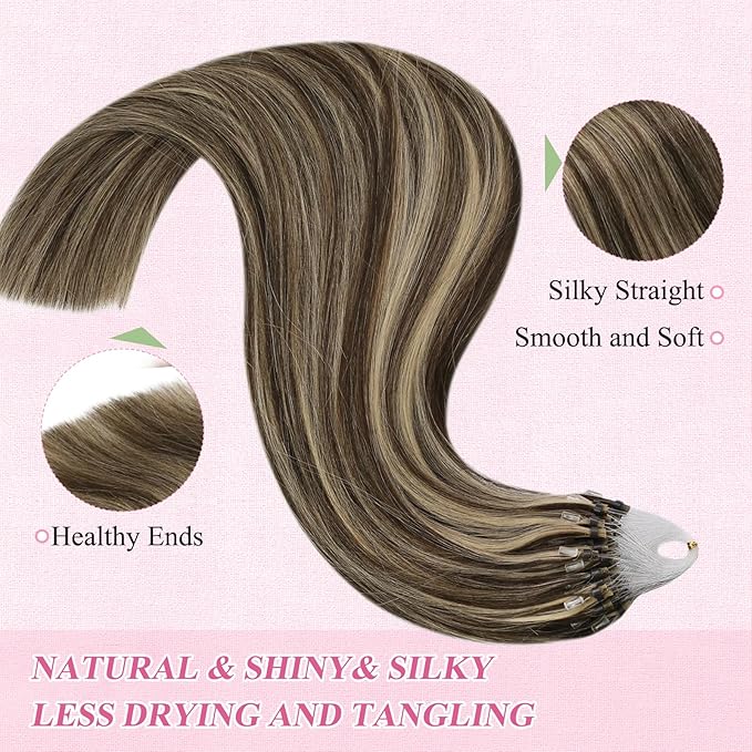 YoungSee Micro Link Hair Extensions Human Hair Brown Microbead Hair Extensions Human Hair Brown Highlight Blonde Beaded Hair Extensios 16In Micro Loop Hair Extension 50g 50s Remy Hair for Wedding