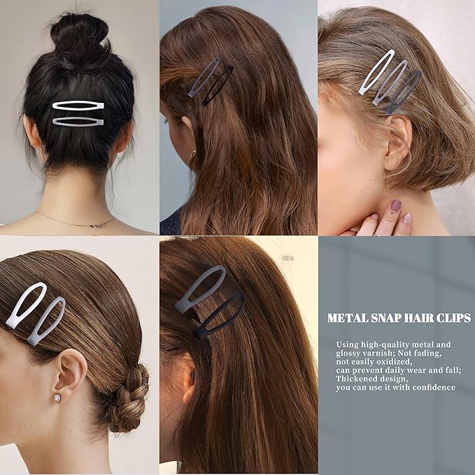 16 PCS Snap Hair Clips Metal Barrettes for Women Non Slip Barrettes for Thick and Thin Fine Hair,Matte Black Gray White,2.36 x 0.43 Inches.