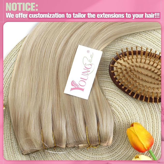 YoungSee Invisible Wire Hair Extensions Blonde Highlight Hair Extensions Wire Ash Blonde Highlights Bleach Blond One Piece Hair Extensions Real Human Hair Thick Remy Hair 20In 100g