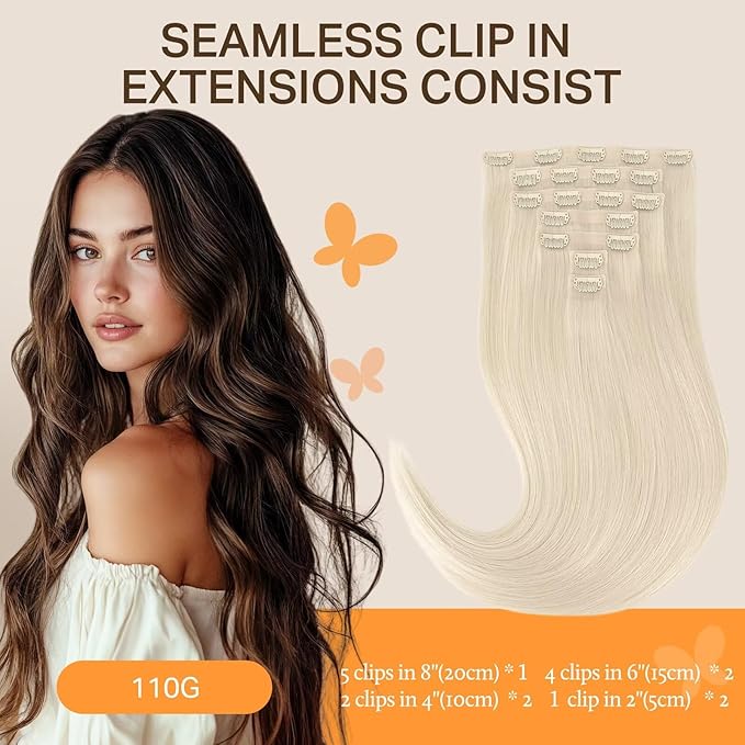 DOORES Seamless Clip in Hair Extensions Real Human Hair, Platinum Blonde 22 Inch 7pcs 110g, Human Hair Extensions Clip in Remy Hair Extensions Straight Hair with Skin Weft Invisi Edge Hair Extensions