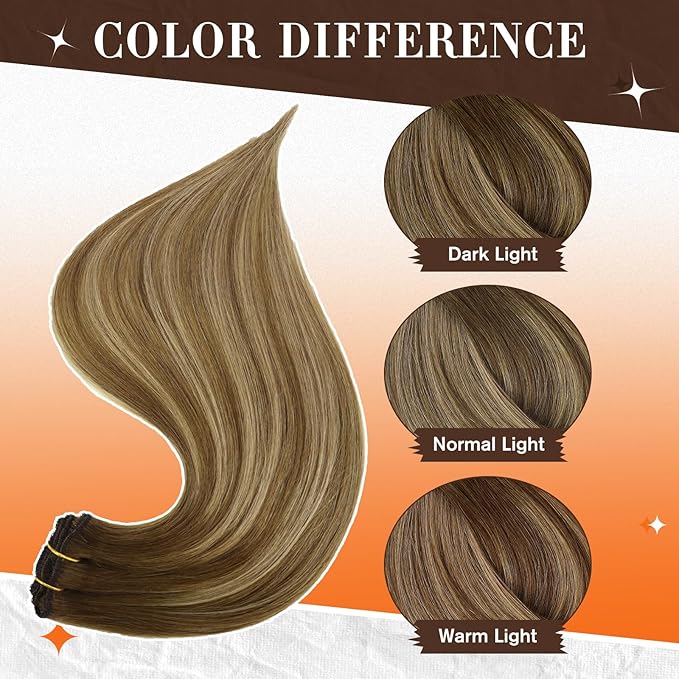 Full Shine Real Hair Extensions Clip in Human Hair Brown Clip in Hair Extensions Brown with Light Brown Balayage Hair Extensions Remy Hair for Women 14 Inch 3 Pcs 60 Grams