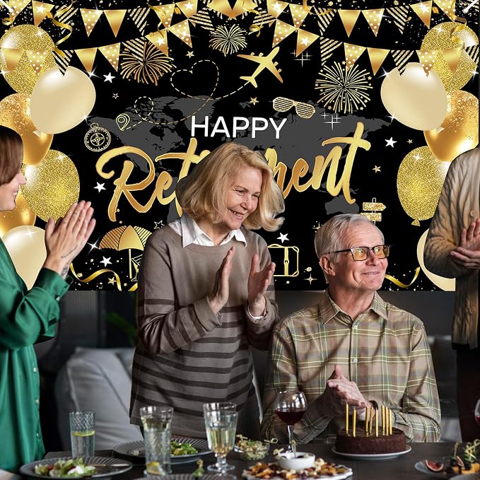 Mocsicka Retirement Party Decorations Black and Gold Happy Retirement Backdrop - Image 5