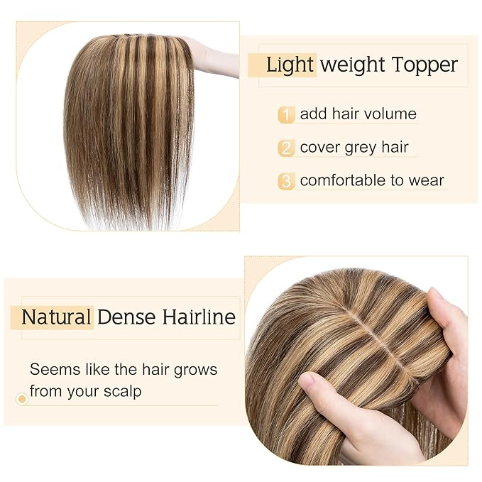 SEGO Human Hair Toppers for Women With Thinning Hair, 7 * 13CM Silk Base 100% Real Human Hair Clip in Top Wiglet Hairpieces -10 Inch No Bangs 4P27 Medium Brown&Dark Blonde