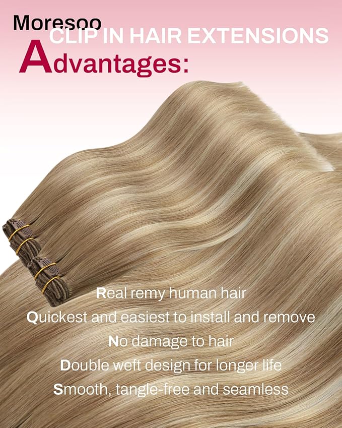 Moresoo Ombre Brown to Blonde Clip in Hair Extensions Human Hair Light Brown to Medium Blonde Remy Human Hair Clip in Extensions to Add Volume for Women Long And Thick 150g/7pcs 22 inch