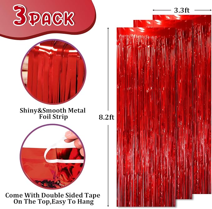 Voircoloria Red Foil Fringe Backdrop Curtains, 3 Pack | Tinsel Streamers - Image 3