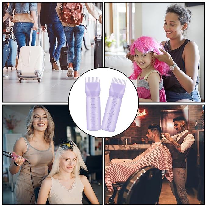 4Pcs Root Comb Applicator Bottle, 6 Ounce Hair Dye Bottles with Comb and Graduated Scale Plastic Hair Oil Brush for Hair Care and Color, Purple