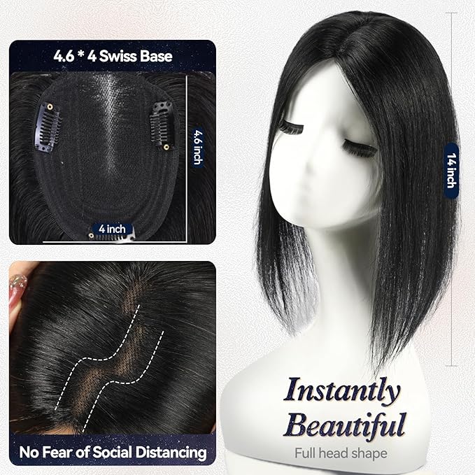 starluck Human Hair Topper for Women with Thinning Hair, 100% Real Human Hairpiece, 4.6 * 4 Inch Upgrade SilkHug Swiss Lace Base Hairpiece,14 Inch, No Bangs (Black)