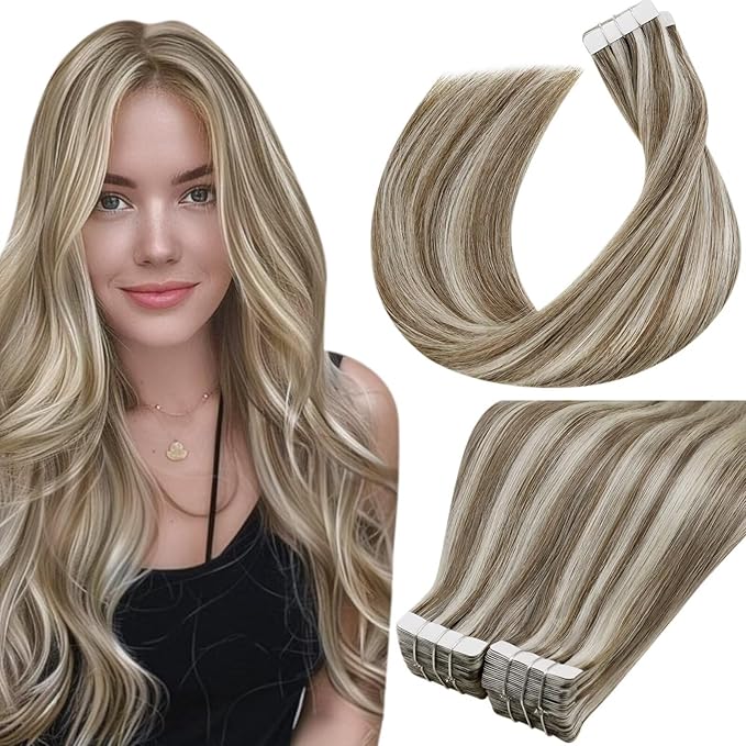 LaaVoo Hair Extensions Tape in Human Hair Invisible Tape in Hair Extensions Brown with Blonde Highlights 16 Inch 40pcs 100 grams