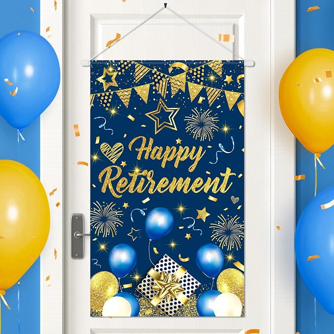 Blue Gold Retirement Door Banner Decorations Happy Retirement Party Small by Wayyogh