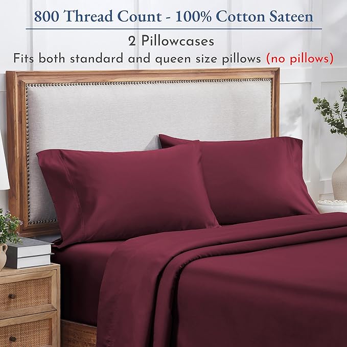 California Design Den Natural 100% Cotton Pillow Cases Queen Size Set of 2 - Luxuriously Soft and Thick 800 Thread Count, Smooth Sateen Standard/Queen Pillow Cases, Durable - Red Wine