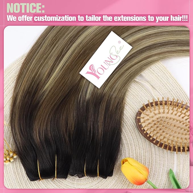 YoungSee 130G Invisible Wire Hair Extensions Balayage Wire Human Hair Extensions Dark Brown Balayage Medium Brown with Blonde Fish Line Hair Extensions Real Human Hair Long Straight Hair 22inch