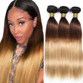 Ombre Human Hair Bundles Blonde Straight Bundle 3 Tone Brown And Honey Blonde Straight Bundles 24 26 28 Inch Double Weft Real Color 27 Bundle Hair Weave