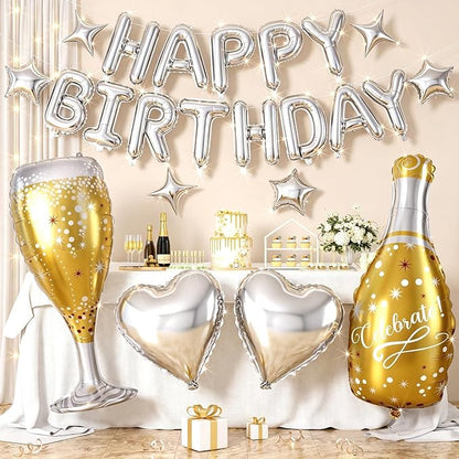 Silver Happy Birthday Balloons Banner, Champagne Bottle Glass Foil Balloon by Hapmori