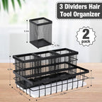 2 Pcs Hair Tool Organizer Countertop Breathable Metal & Bamboo Hot Tools Organizer Under Sink Bathroom Hair Dryer Holder Countertop Brush Comb Holder,makeup tray (White Bamboo,Black)