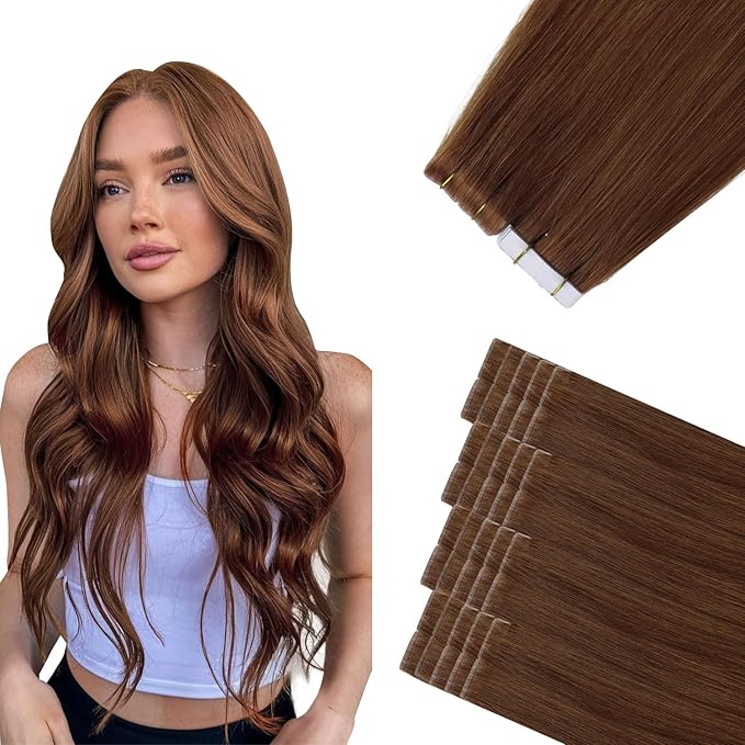 Sindra Invisi Edge Tape in Extensions Human Hair, Auburn Ginger Invisible Seamless Extensions Real Human Hair 16 Inch 45g 20pcs Injected Tape ins
