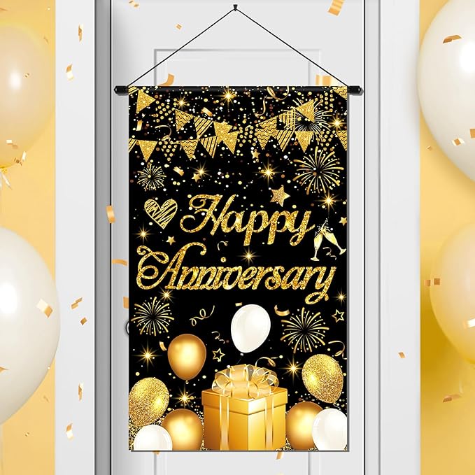 Anniversary Party Decorations Black Gold Happy Anniversary Door Banner Sign by Wayyogh