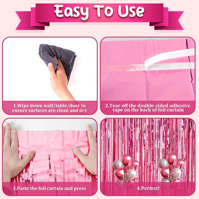 Voircoloria Pink Foil Fringe Backdrop Curtains, 2 Pack | Tinsel Streamers - Image 4
